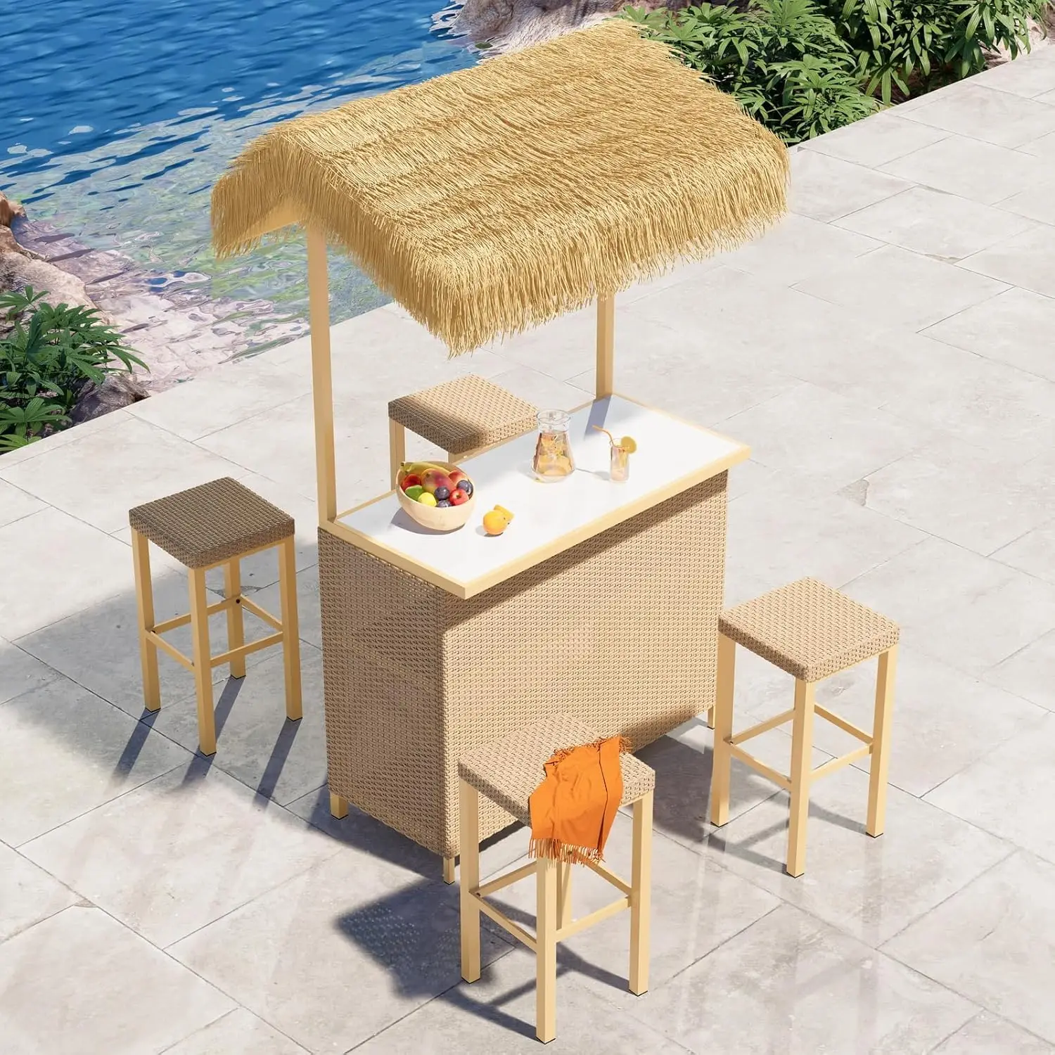 Outdoor Tiki Bar Set with Widen Ceramic Top 5 Piece Wicker Islander Tiki Bar and 4 Stools Storage for Garden Natural