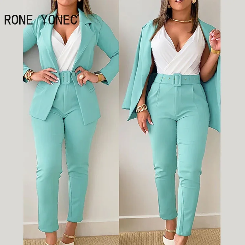 

Women Solid Working Long Sleeves Jacket with Belts Deep V Neck Inside Spring/Autumn Calf-length Pants Blazer Sets