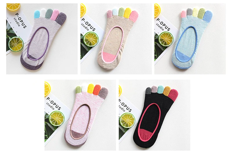 5 Paar bunte Fünf-Zehen-Socken für Damen, unsichtbare, atmungsaktive, rutschfeste, niedrig geschnittene Bootssocken aus Baumwolle für Schuhe – Detail 3
