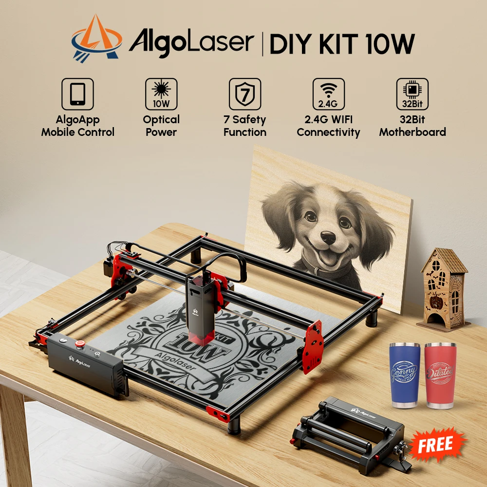 

AlgoLaser 10W Laser Engraving Cutting Machine With Rotary Roller Wifi Off-line Control Powerful Metal Glass CNC Engraver Cutter