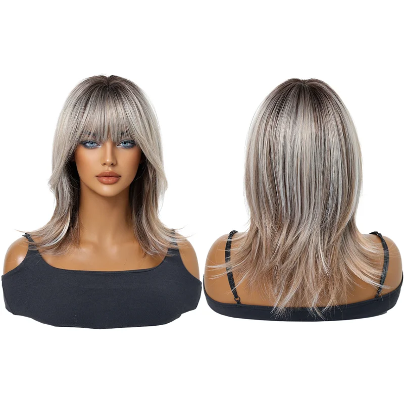 

Women's Ash Brown Ombre Wig Medium Length Layered Wavy Heat Resistant Synthetic Wig with Air Bangs Hair for Women Daily Use