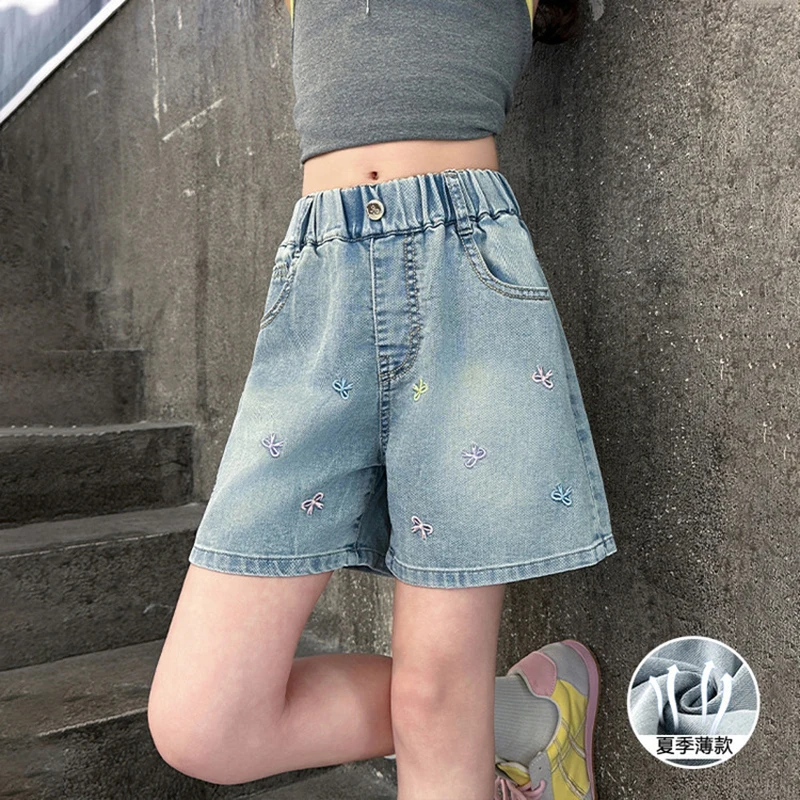 2026 Summer Teen Girls Bow Embroidery Denim Shorts Elastic High Waist Casual Jean Shorts Kids Sweet Loose Wide Leg Short Pants view 4