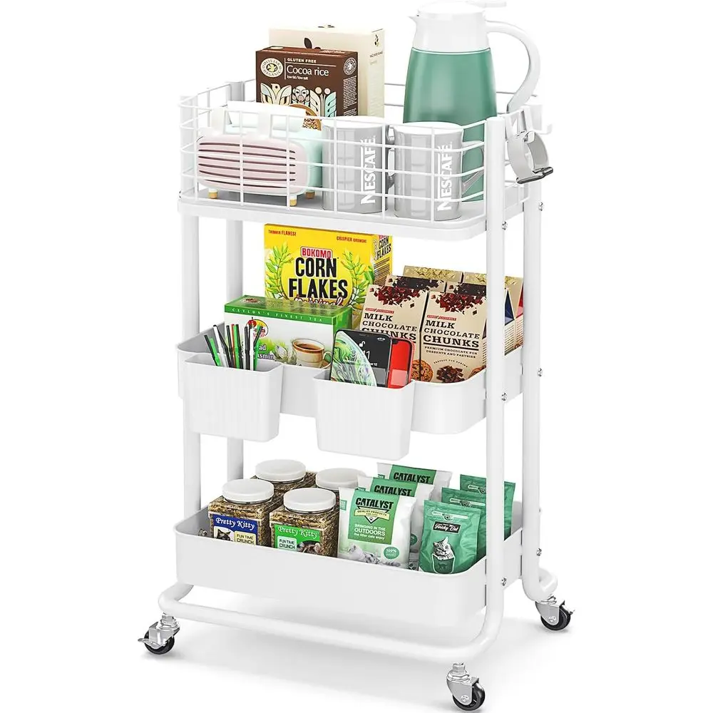 

3 Tier Rolling Cart, Metal Mobile Storage Shel with Lockable Wheels, Prevent alling Utility Trolley Cart, Storage Organizer