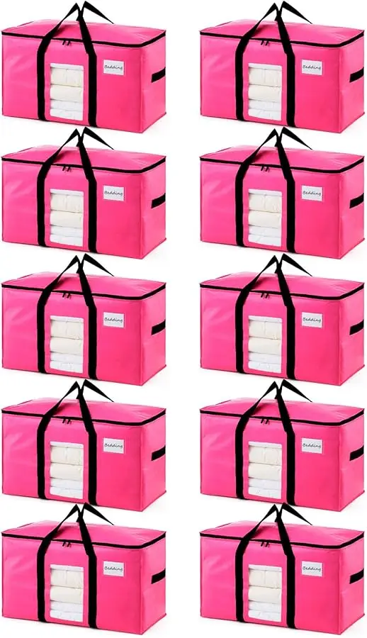 

10 Pack Pink Extra Large Moving Bags, Heavy Duty Totes with Visible Window, Wrap Around Handles, Ideal for Storage, Space-Saving