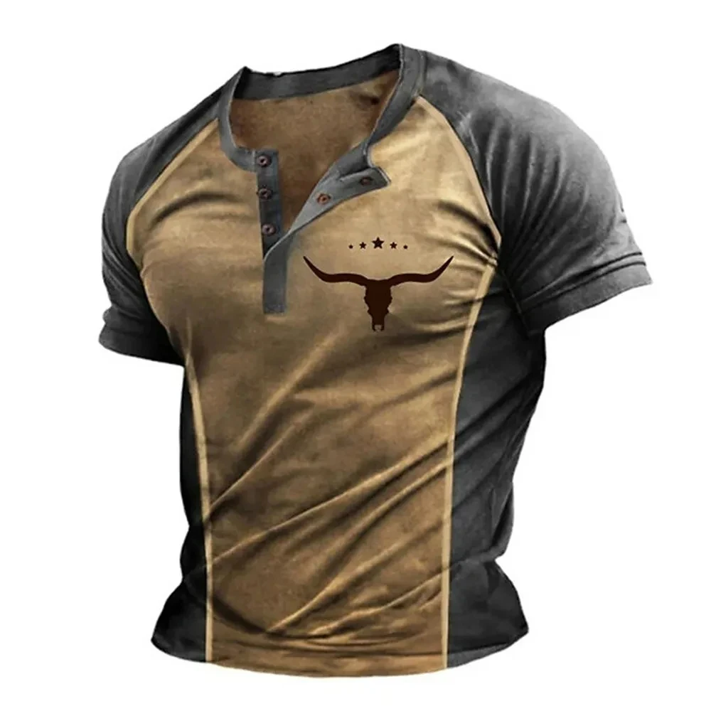 Mens Shirt Henley T Shirt Shirt V Neck Tribal Printed Tops Vintage Oversized Button T Shirt Men\'s Harajuku Clothing Streetwear