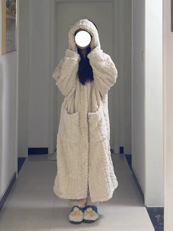 

Thiened длинный коралловый Fce Spwear женский комплект домашней одежды осень-зима корейский бархатный халат повседневная шляпа для отдыха