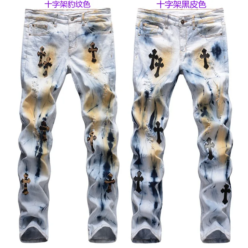 

Men's pants High Street black and leopard cross cowhide stretch slim-fit hand-painted paint holes small straight leg jeans