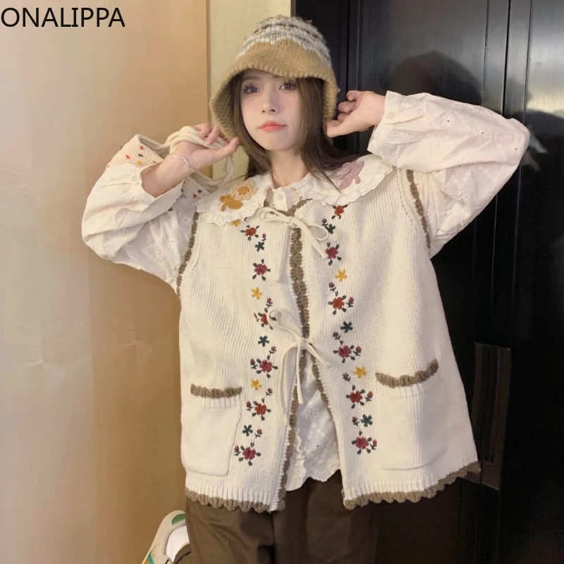 Onalippa Forest Style Embroidery Knitted Vest Contrast Lace Up Bows Sweater Vests Lace Wood Ear Hem Hook Flower White Blouse