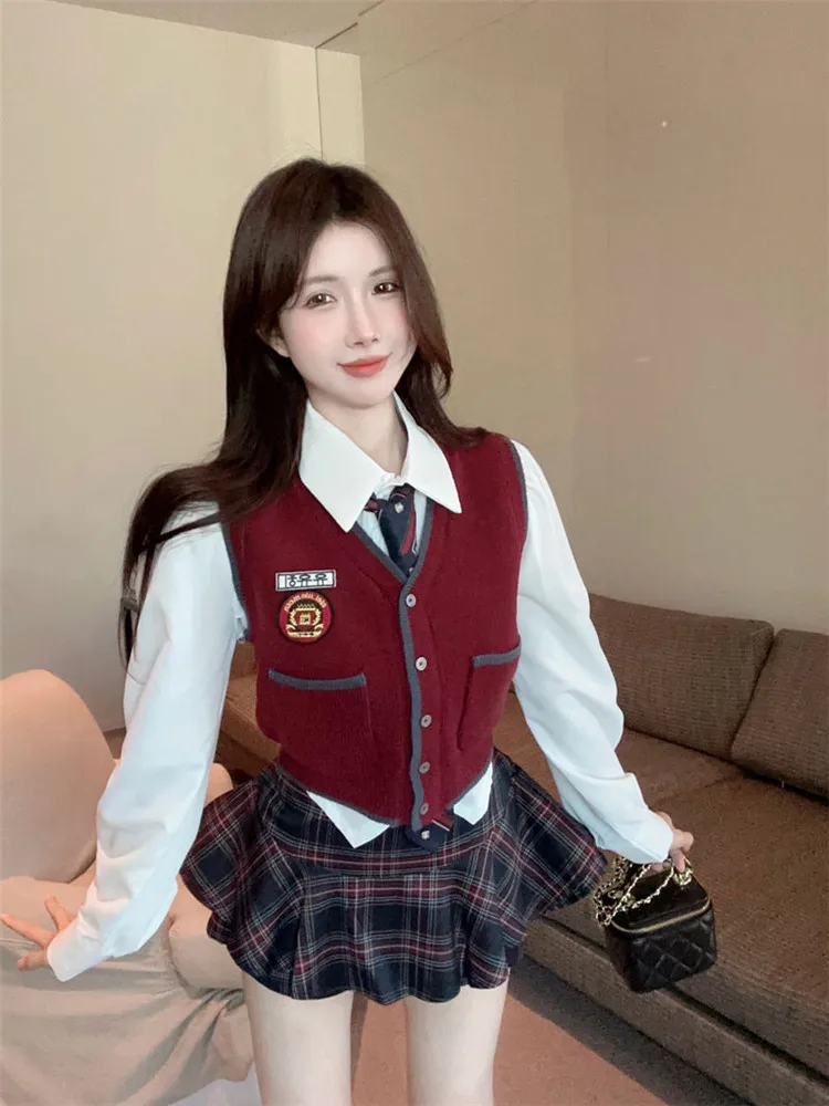 Preppy Style Spice Girl Fashion 2 Pieces Matching Sets Y2k White Shirt&Short Knit Vest&Plaid Mini Shorts Skirt 3pc Uniform Suits