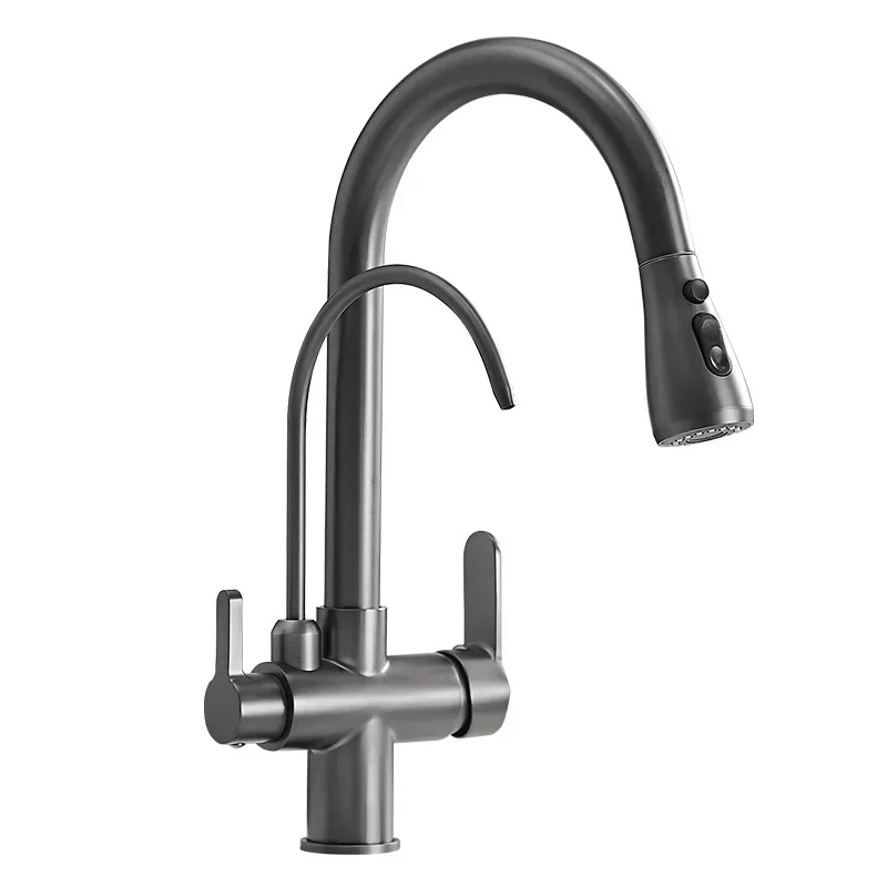 

Bathroom Accessories Gun Gray All Copper Three in One Faucet, Hot and Cold Kitchen Sink Pull-out Faucet