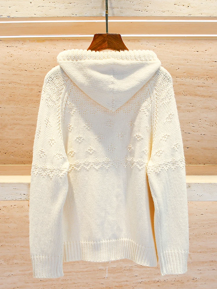 고급 여성 니트 후드 오픈 가디건 코트 가을 겨울 디자인 센세이션 미우미우 출퇴근 스타일 레귤러 핏 긴팔