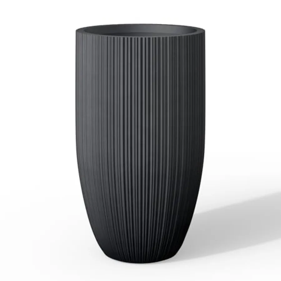 

24 Inch Tall Round Concrete Planter for Indoor Outdoor Use Textured Black Modern Decorative Garden Pot with Drainage Hole and R