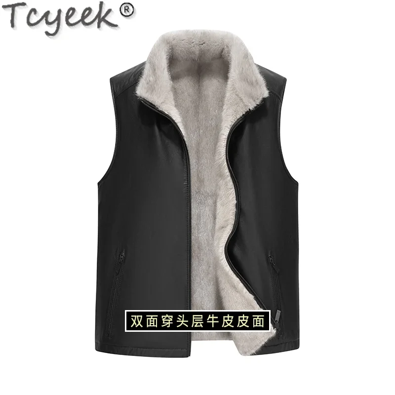 Tcyeek Whole Mink Fur Coat Natural Fur Sleeveless Jacket Men's 100% Top Layer Cowhide Vests Genuine Leather Vest Streetwear