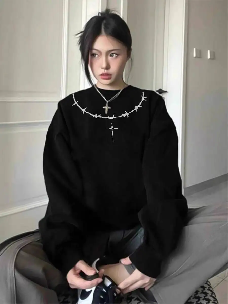 

unisex sweatshirt 2025 Spring Autumn Women's Vintage Knit Top 100% Cotton Cross Motif Thin Slim Fit Unique Design Sweatshirt