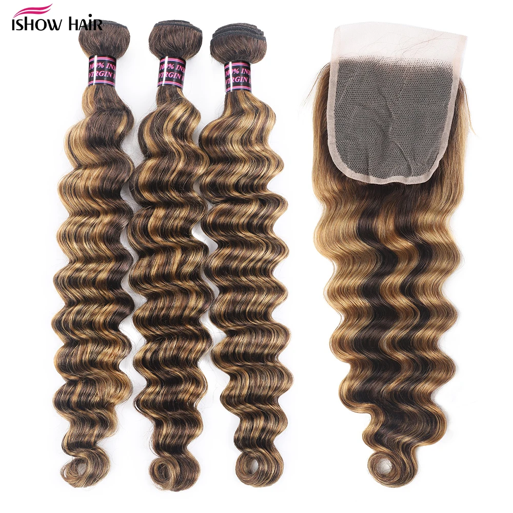 Ishow Highlight Loose Deep Wave Bundles With Closure 4x4 Lace Closure With Bundles 100% Remy Human Hair Extensions For Women