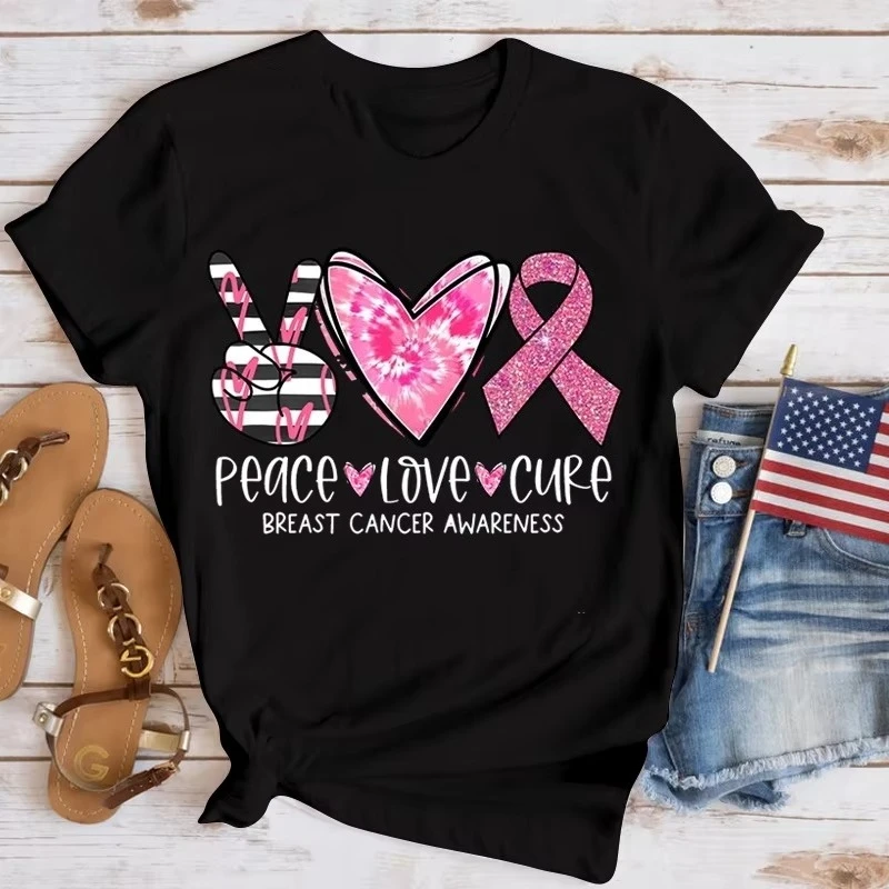 New Peace Love Hope Breast Cancer Awareness Women's Oversized T-shirt Summer New Y2k Streetwear Aesthetics Tee Top Free Shipping