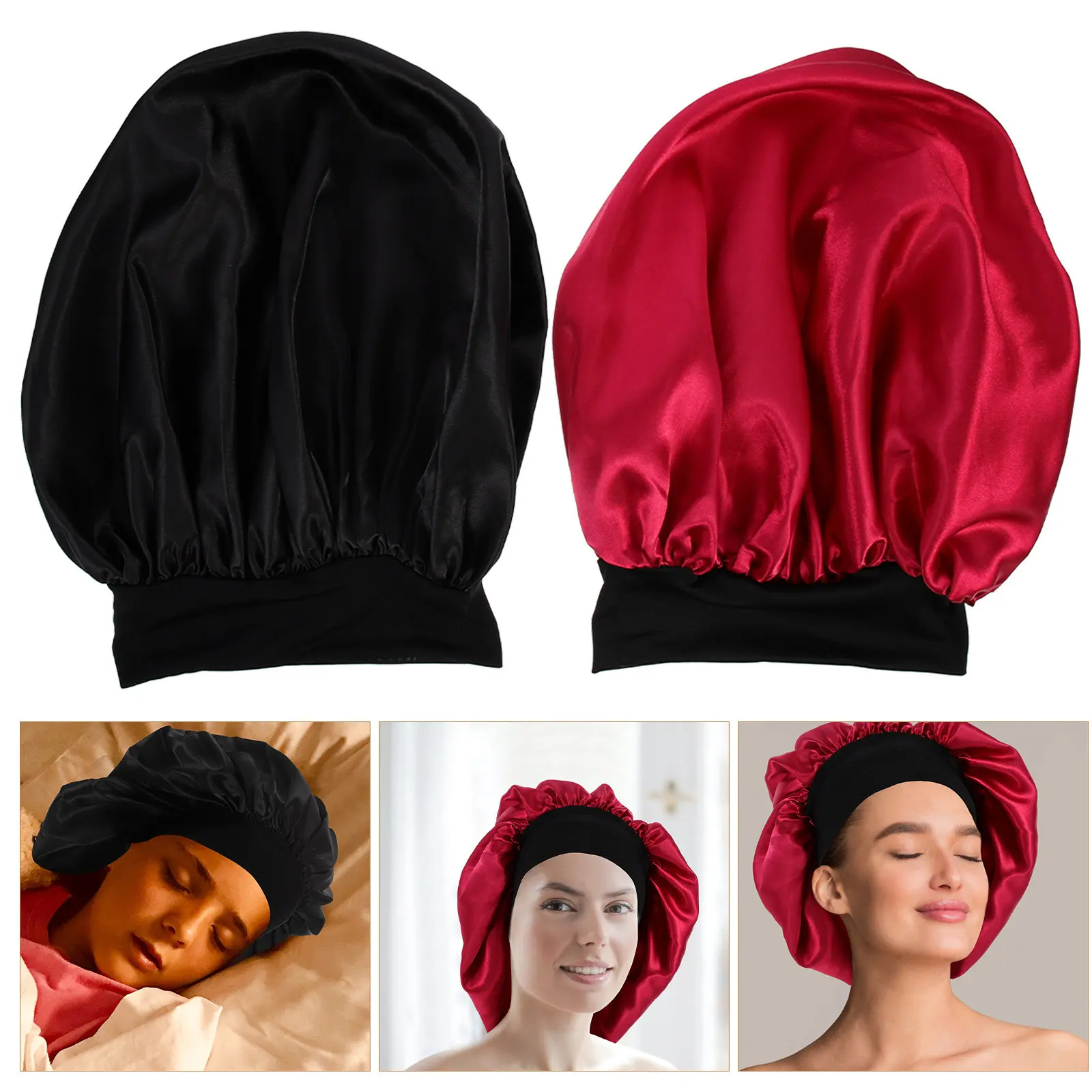 2Pcs Soft Stretchable Hair Bonnet Women Sleeping Hat Chemo Cap Satin Hair Protection Bonnet for Friction Reduction