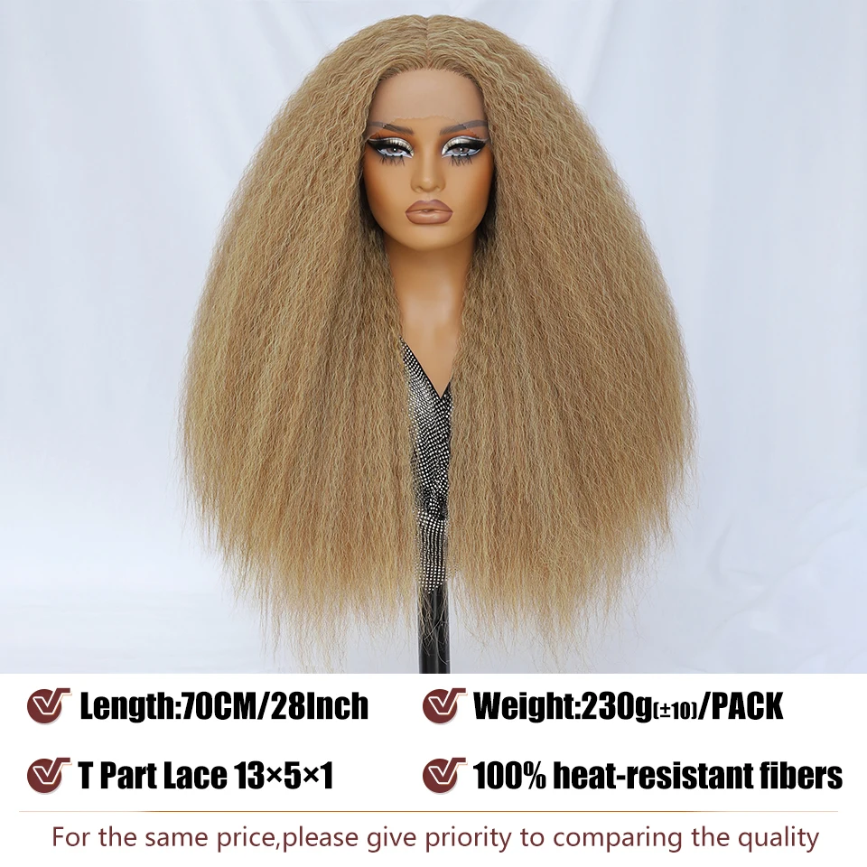 Wig renda lurus Kinky 28 inci hitam sintetis T Part wig depan renda lurus Yaki untuk wanita wig Afro coklat dengan garis rambut