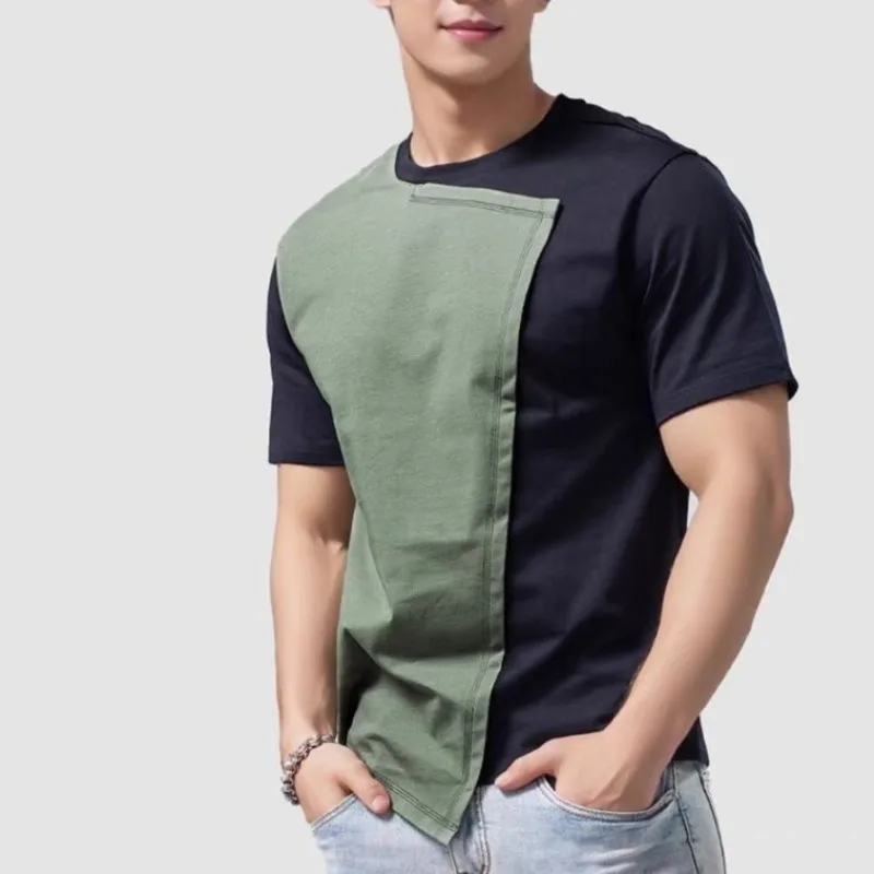 Men\'s 2024 Summer New Patchwork Retro Pullover O-Neck Fashion Solid Color Asymmetric Loose All Match Short Sleeve T-Shirts Tops