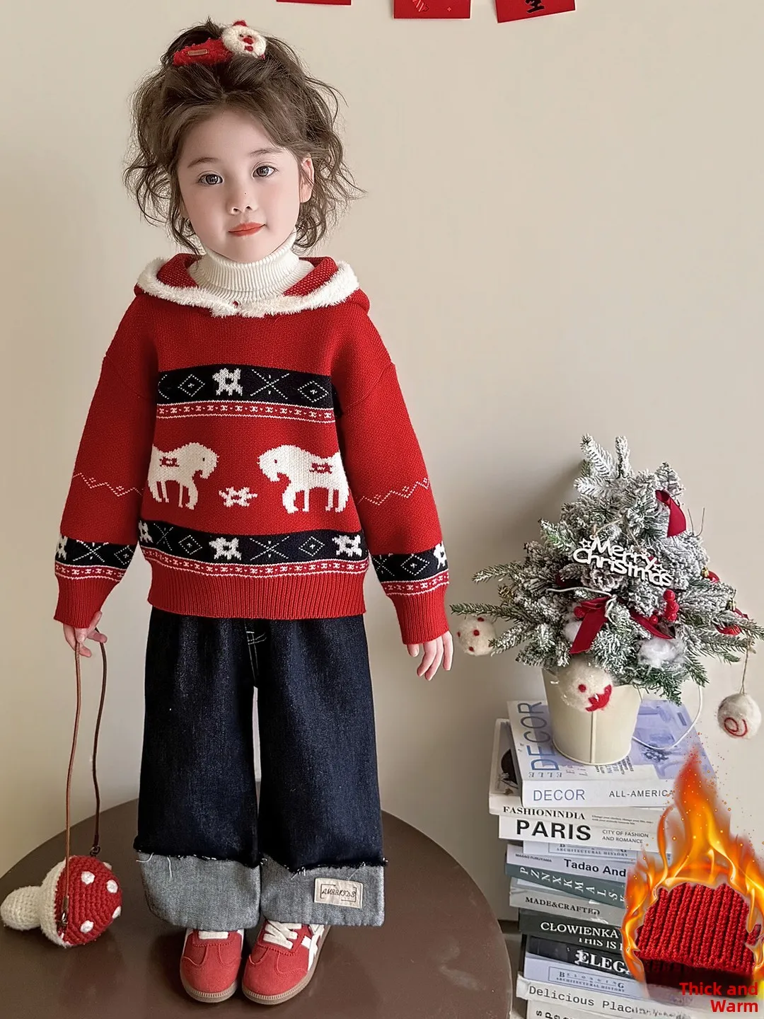 

Thiened свитер с капюшоном для девочек, зимняя верхняя одежда, теплая вязаная длинная свековая модная детская одежда с высоким воротником, детская одежда