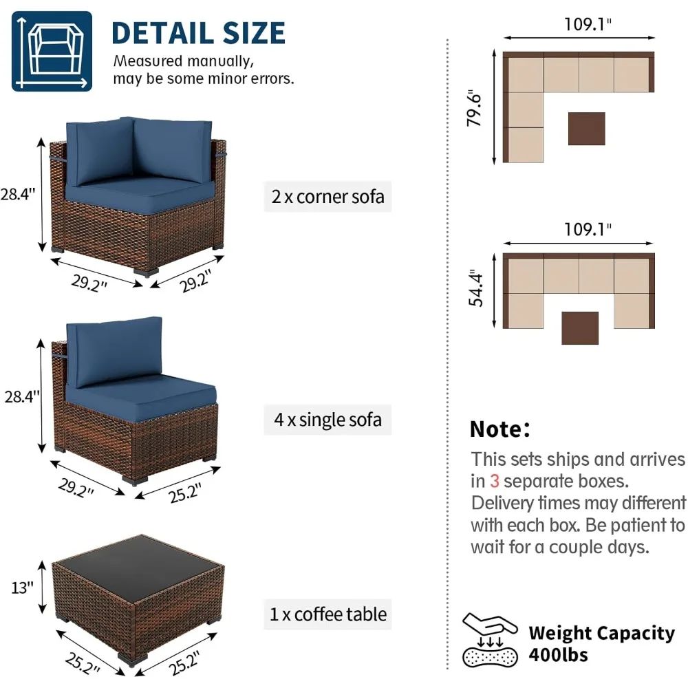 7-piece patio furniture set, modular rattan outdoor sectional sofa, wicker conversation set, glass coffee table, sofa cover