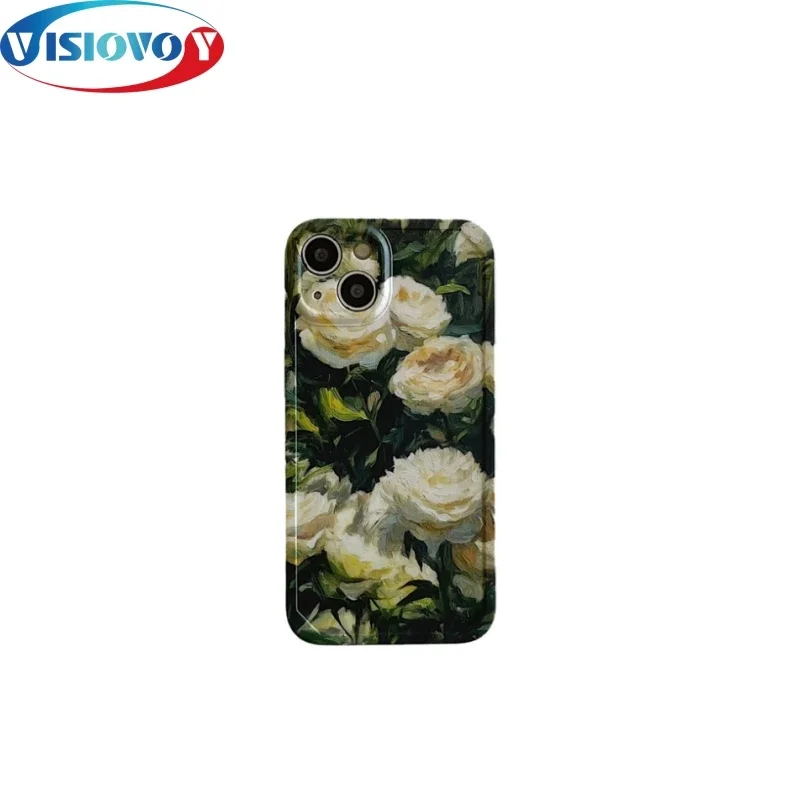 Luxury Dark Green Watercolor Peony Flower Phone Case For iphone 15 14 13 Pro Max The Latest Popular Model Silica Gel Back Fundas