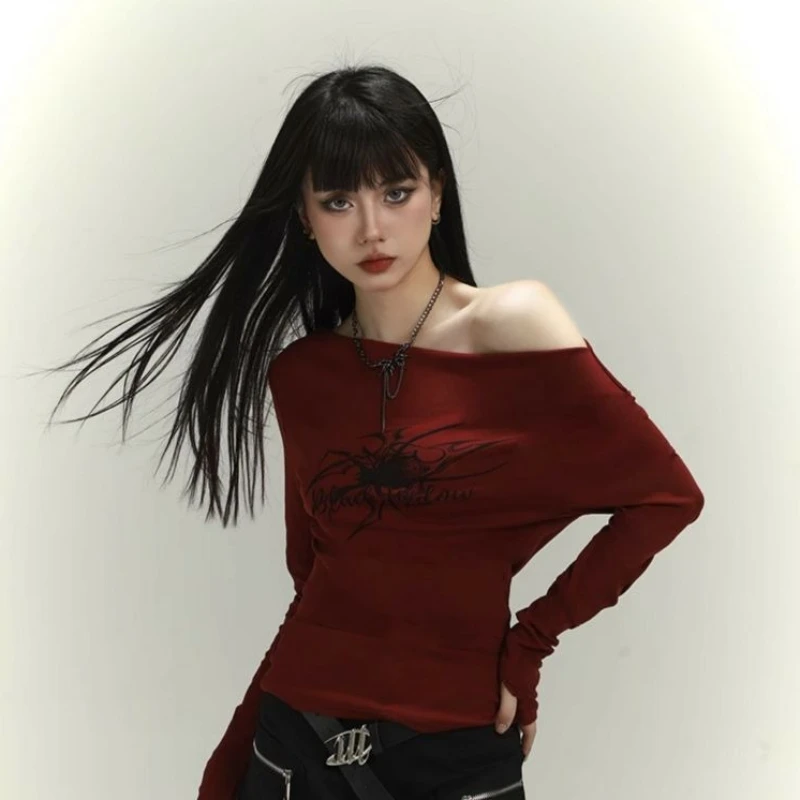 الأحمر هوتي Y2k كم طويل تي شيرت مثير انحراف طوق قبالة الكتف المحاصيل الأعلى مع ثقوب الإبهام الخريف عادية سليم قاعدة طبقة قميص