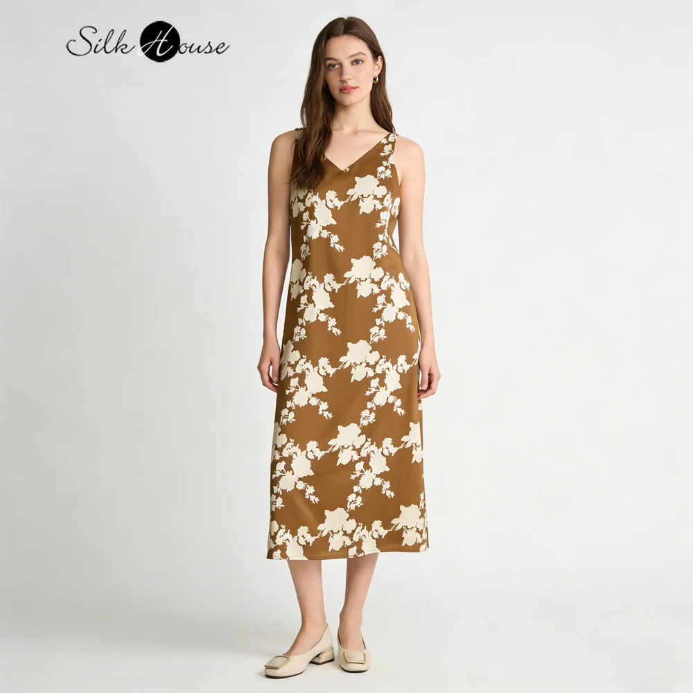 

Новое женское повседневное летнее платье 2026 года из 95% натурального шелка тутового шелкопряда, эластичное, атласное, дышащее, с V-образным вырезом, с принтом, на бретельках, для вечеринок