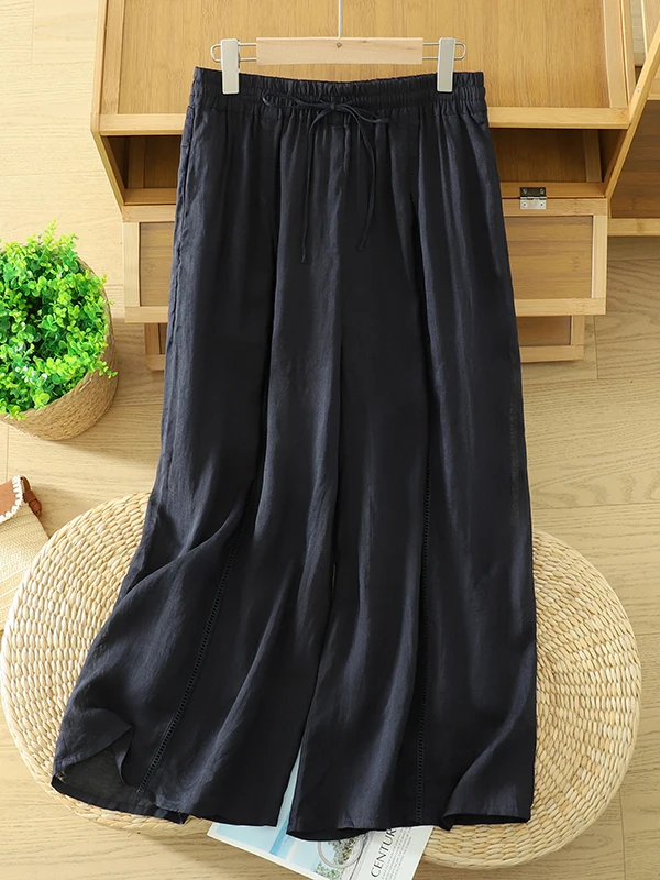 Calças Fenas de Linho com Renda Vazada, Perna Larga, Soltas, Retas, Casuais, de Cintura Alta, Estilo Comutador Longo para...