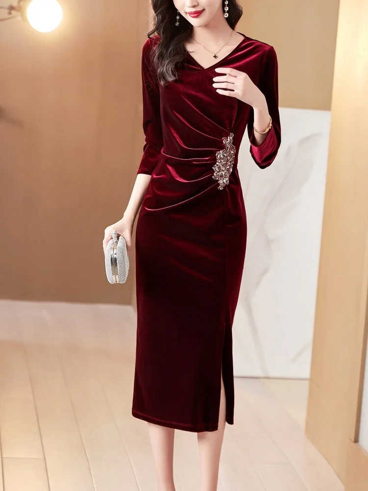 Elegante Vestido de Terciopelo para Mujer, Vestido Midi con Cuello en V, Hilo Dorado de Lujo, Nuevo Estilo de Primavera y Oto...