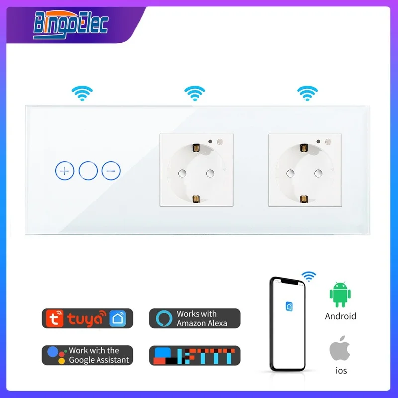 

Bingoelec Wifi Smart Dimmer Light Switches with EU Standard WiFi double Wall Power Sockets Crystal Touch Switches with Tuya