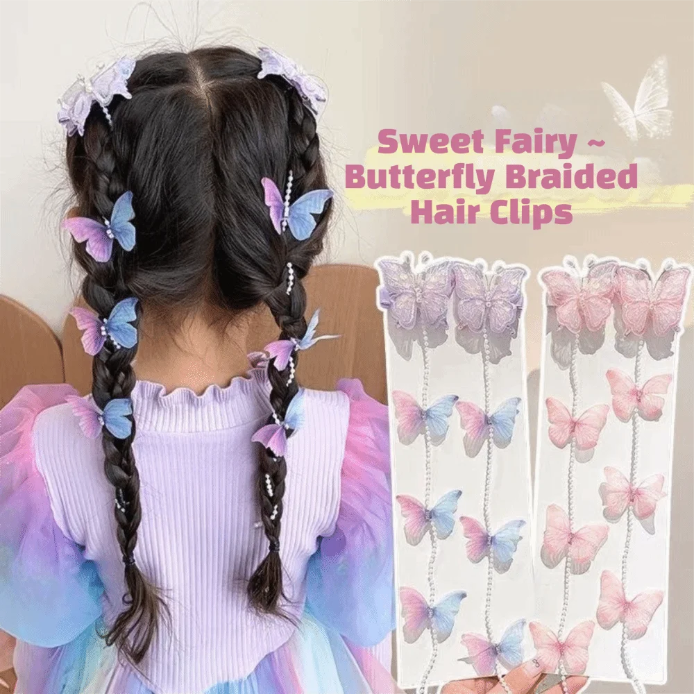 Sheer Mesh Butterfly Hair Clips Beaded Chain Long Tassel Braided Hair Clips Ethereal Sweet Style Multi-Color Hair Barrettes