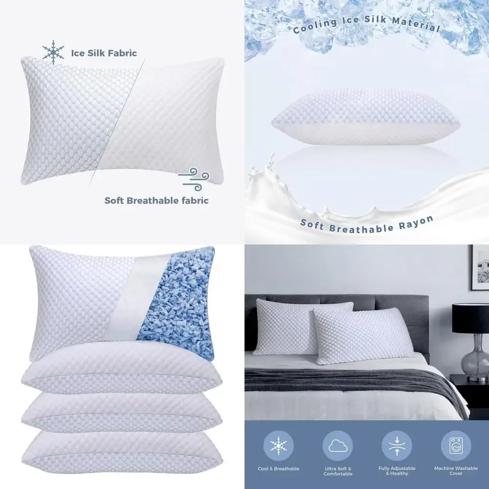

Queen Size Cooling Memory Foam Pillows Set of 4 - Adjustable, Temperature-Controlled, Hypoallergenic & Washable