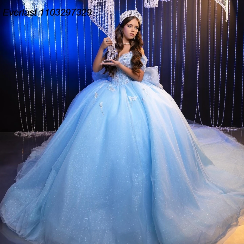 EVLAST Customized Sky Blue Quinceanera Dress Ball Gown Butterfly Applique Beading Bow Sweet 16 Vestido De 15 Anos QD1196