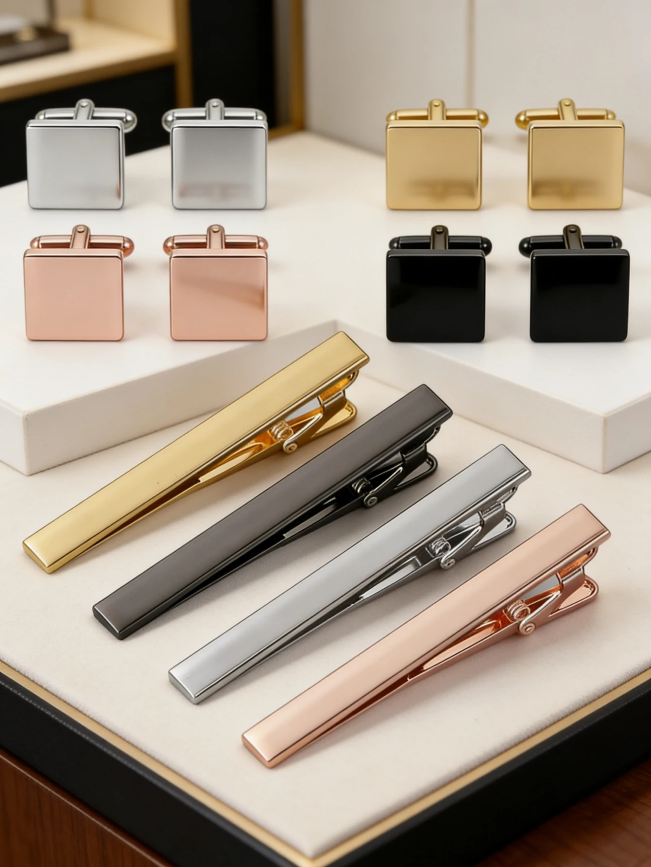 Classic square cufflinks and tie clips set,the perfect gift for father, husband, boyfriend. Suitable for weddings and parties.