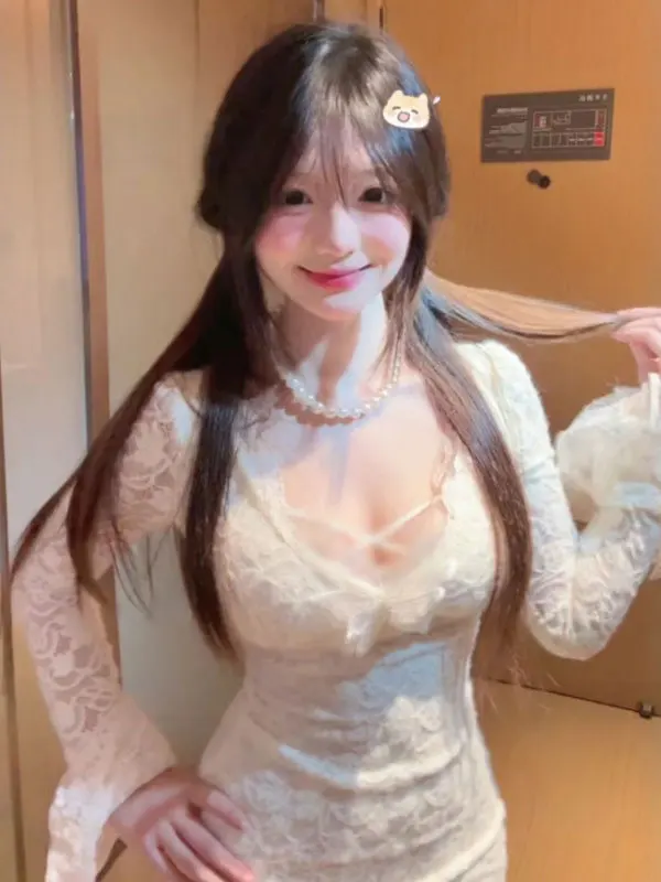 

Pure Desire Lace Bell Sve Slim Fit ort Skirt Dr Trending 2025 Autumn Cotton V-ne Midi Dr for Date And Par