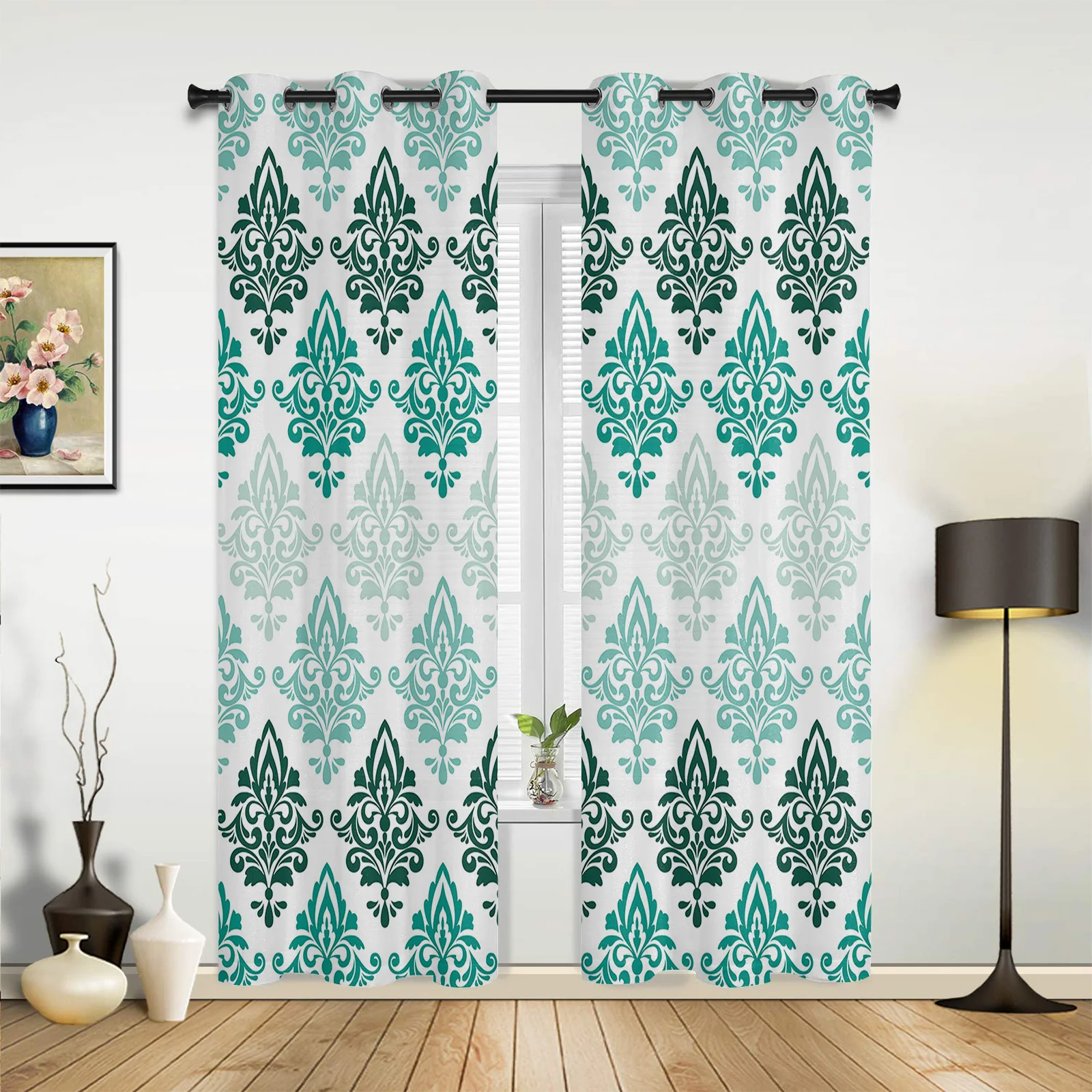 Luxurious Pattern Gradient Teal Window Treatments Curtains Living Room Window Curtain Modern Bedroom Kitchen Home Decor Drapes