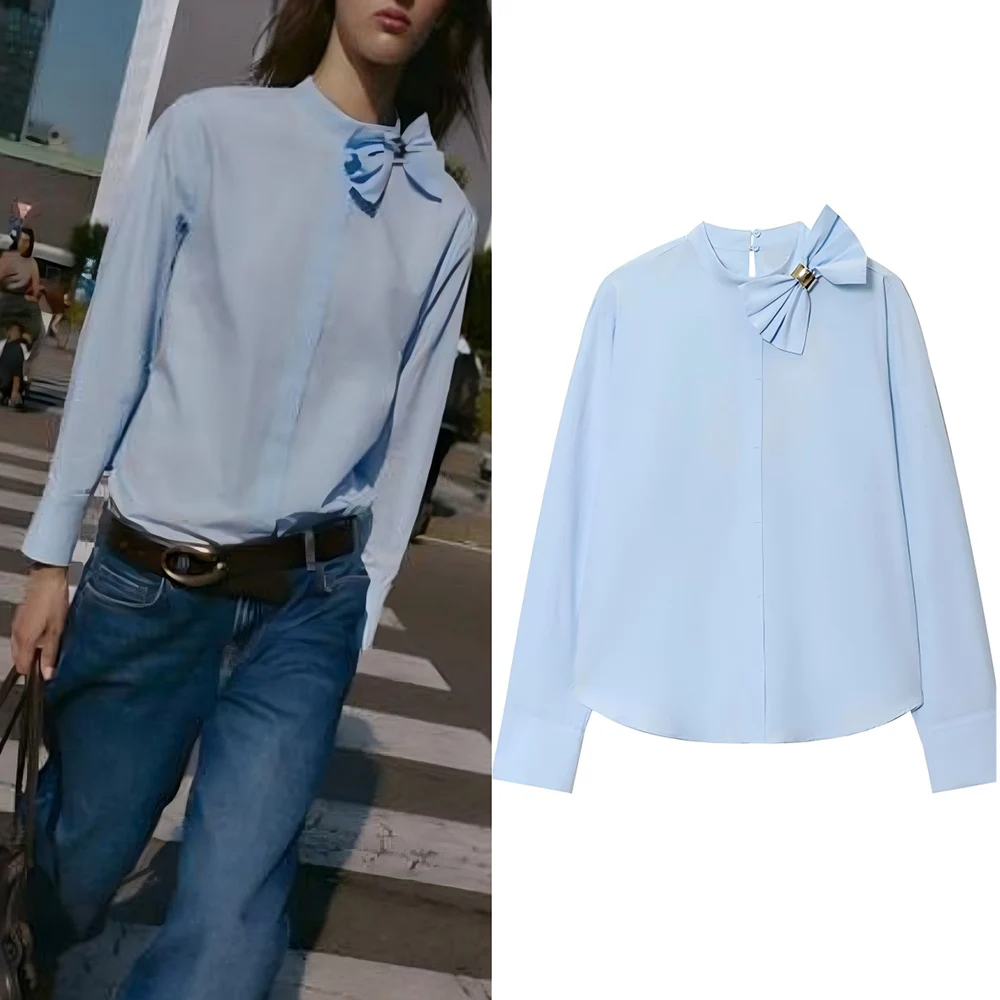 

Women's new fashion bow decoration casual poplin shirt comfortable versatile shirt retro long sleeved women's shirt chic top