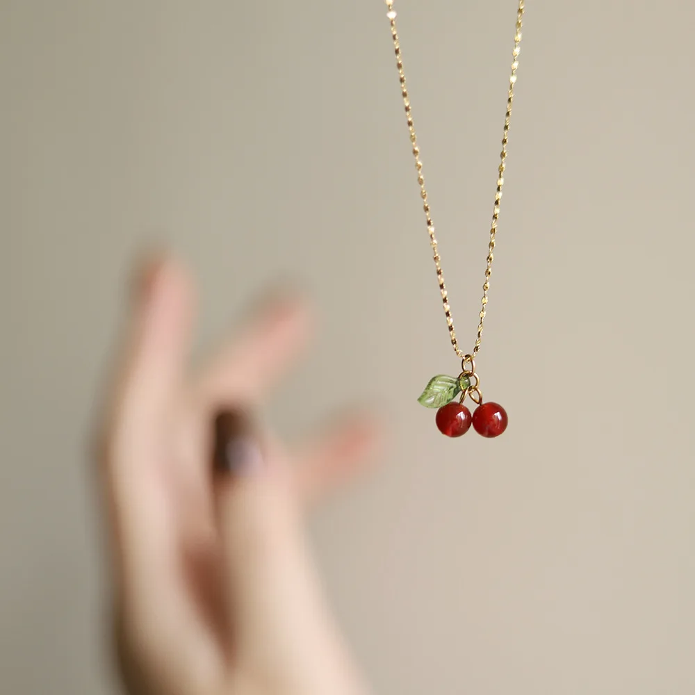 316L Stainless Steel Cherry Necklace Natural Stone Beads Pendant Chain Necklace Women\'s Fashion Wedding Jewelry Birthday Gift