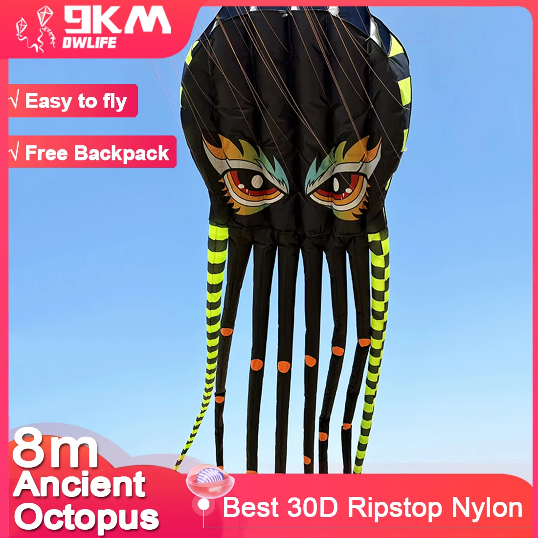 9KM 8m oude octopus vliegerlijn wasgoed opblaasbare showvlieger voor vliegerfestival beste ripstop nylon met tas (accepteer groothandel)