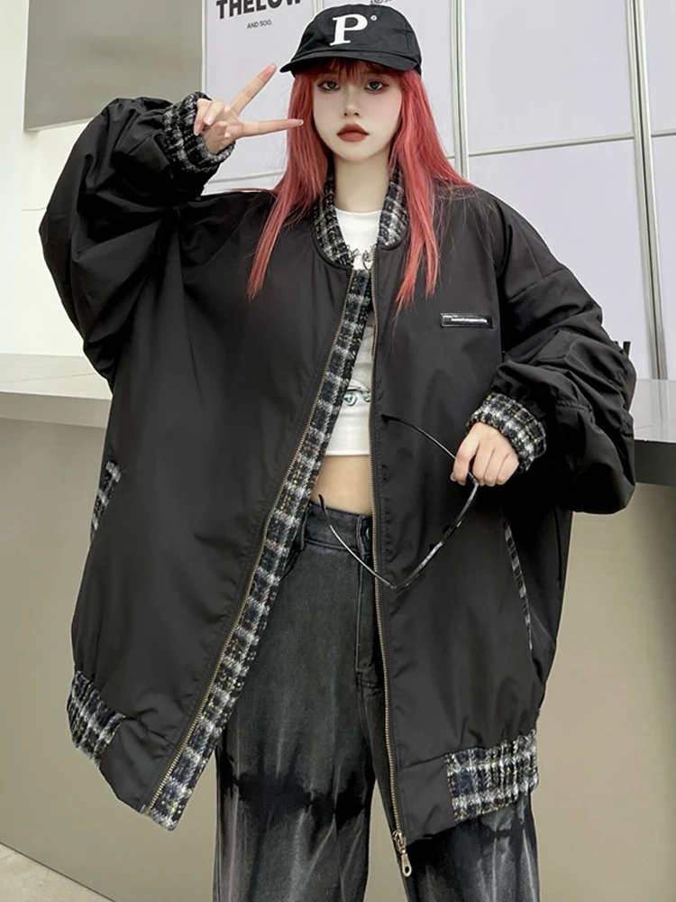 

High Street Plaid Patchwork Chaopai Jacket Coat 2022 New Winter Loose Stand Collar Lovers Baseball Coat Jacket Female OutwearY2k