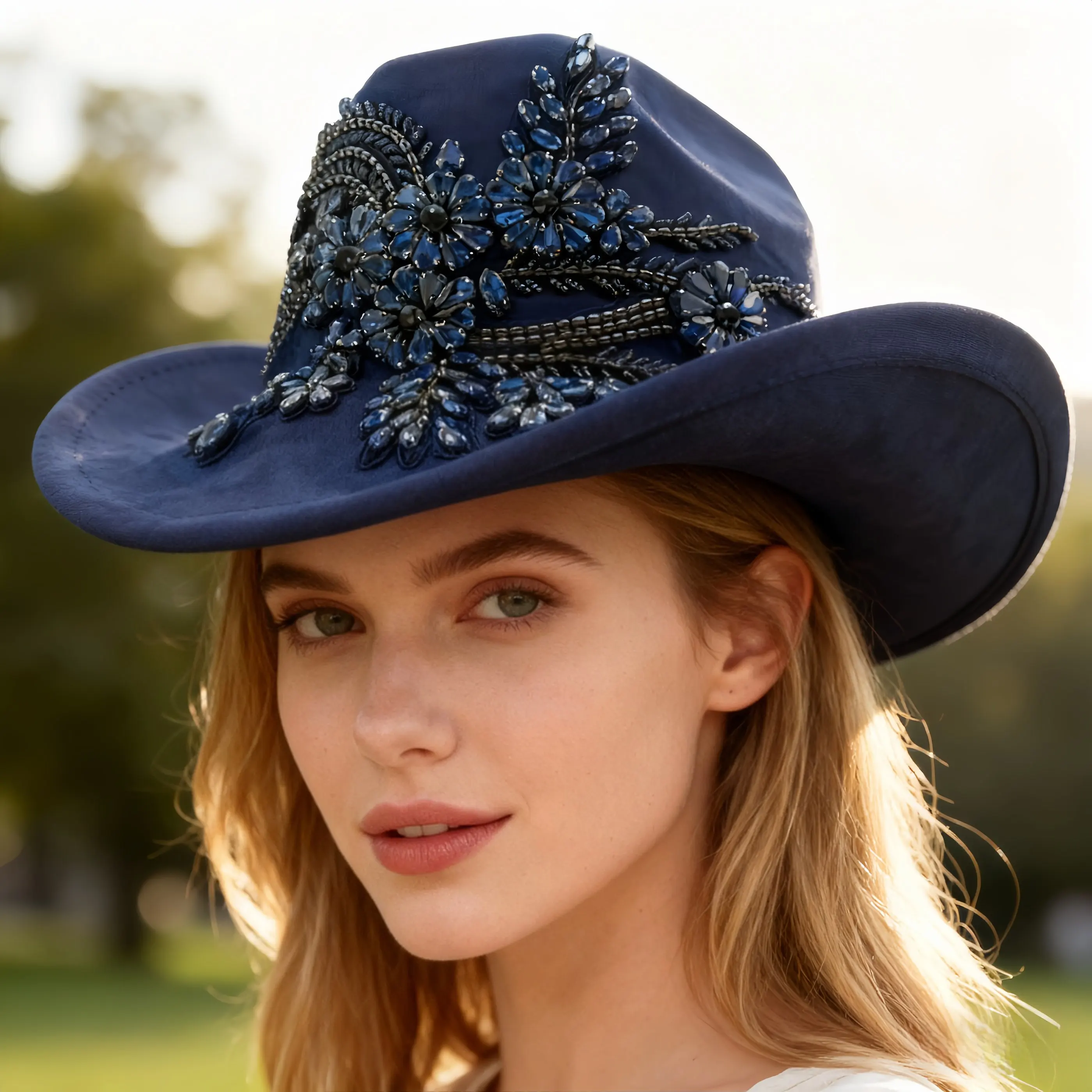 

HongLuan Dark Blue Glitter Costume Hat Adult, Cowboy Hats Rhinestone for Woman, Cowboy Cosplay Female Accessories & Cowgirl Cap