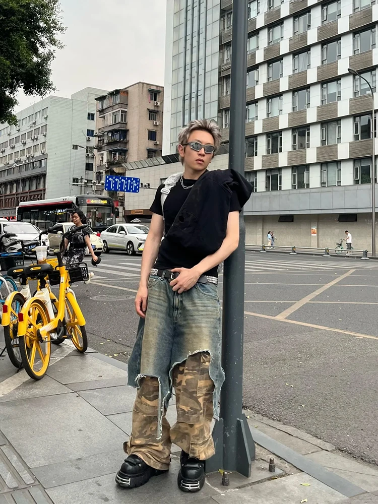 

Ailz Project Vibe Heavyweight Patchwork Fake Two-tone Worn-in Camo Functional Loose Workwear Denim Jeans Youth All Seasons
