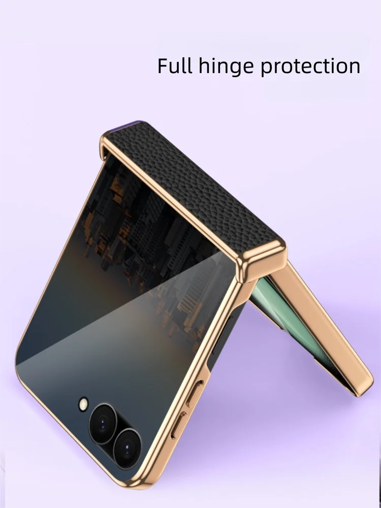 

Cowhide Leather Phone Case for Samsung Galaxy Z Flip 7 FE 5G 6 5 Flip7 Flip6 Flip5 Luxury Hinge Back Cover with Tempered Glass