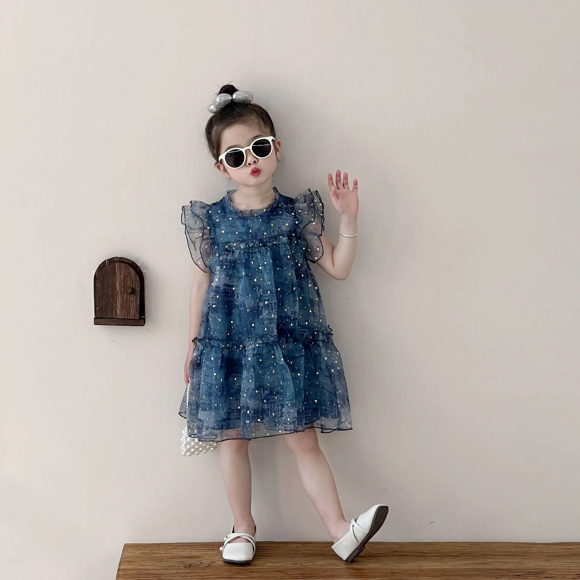 

Платье со звездами и летящими рукавами для девочек, лето 202, сетчатое газовое платье для девочек, тонкое платье принцессы с летящими рукавами феи, От 2 до 11 лет