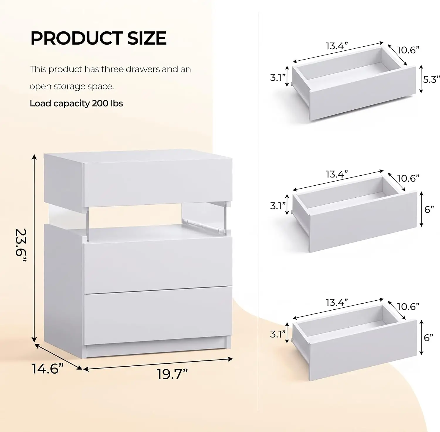 White LED-Lit Nightstands, Contemporary Compact Bedroom Storage Organizer with Three Drawers