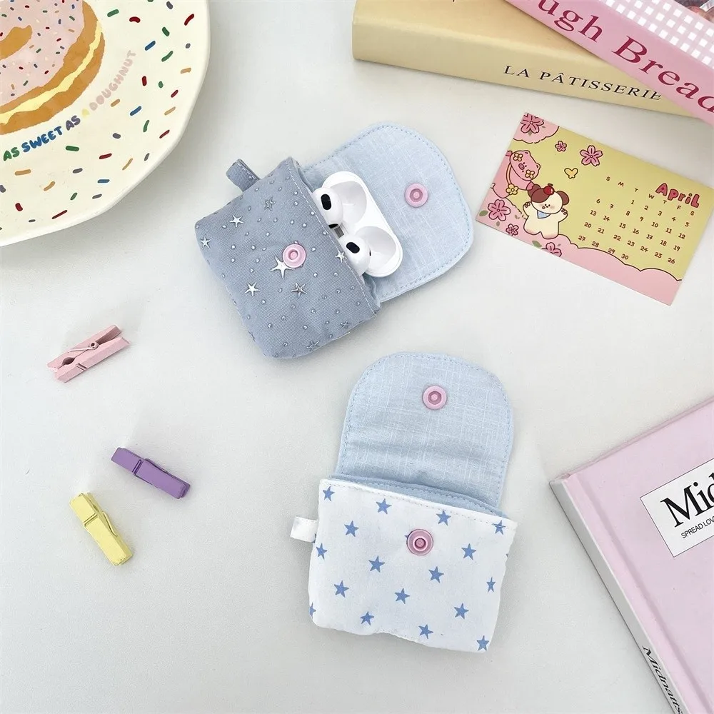 Portable Mini Earphone Storage Bag Snap Button Sequined Stars Coin Purse Bluetooth Headset Case for Women Girls