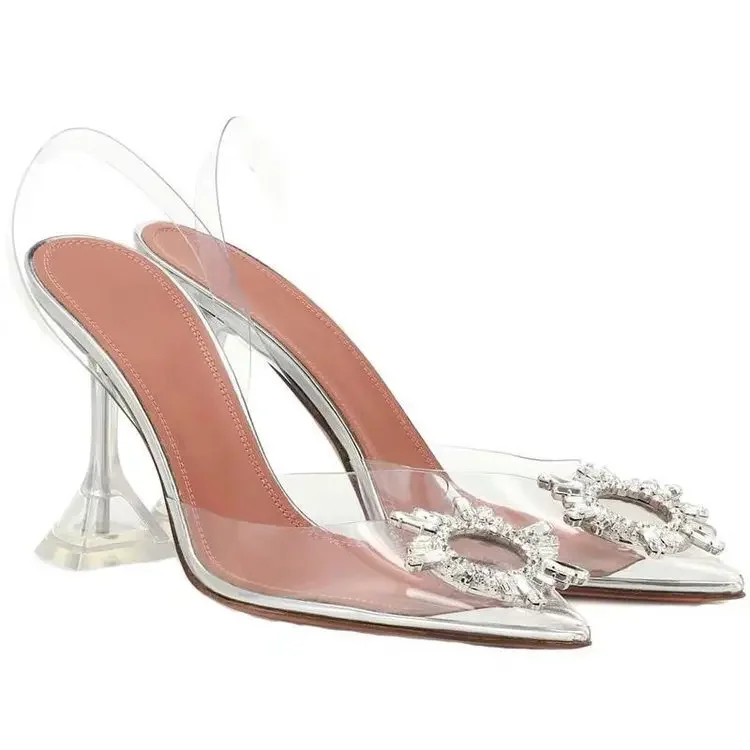 transparent crystal sunflower drill buckle pointed super high heels wine glass wedding shoes large sandals for women