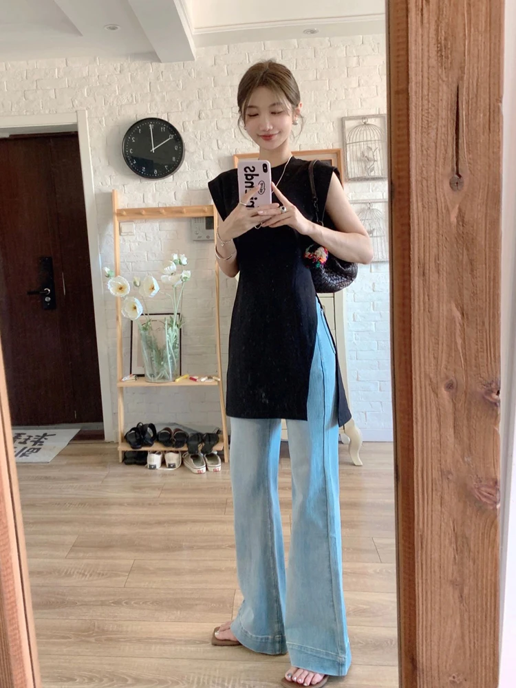 

Slimming High-End Mid-Length Straight Tube T-irt Women's Svel round Ne Design Summer Faion Sensation Casual Wear