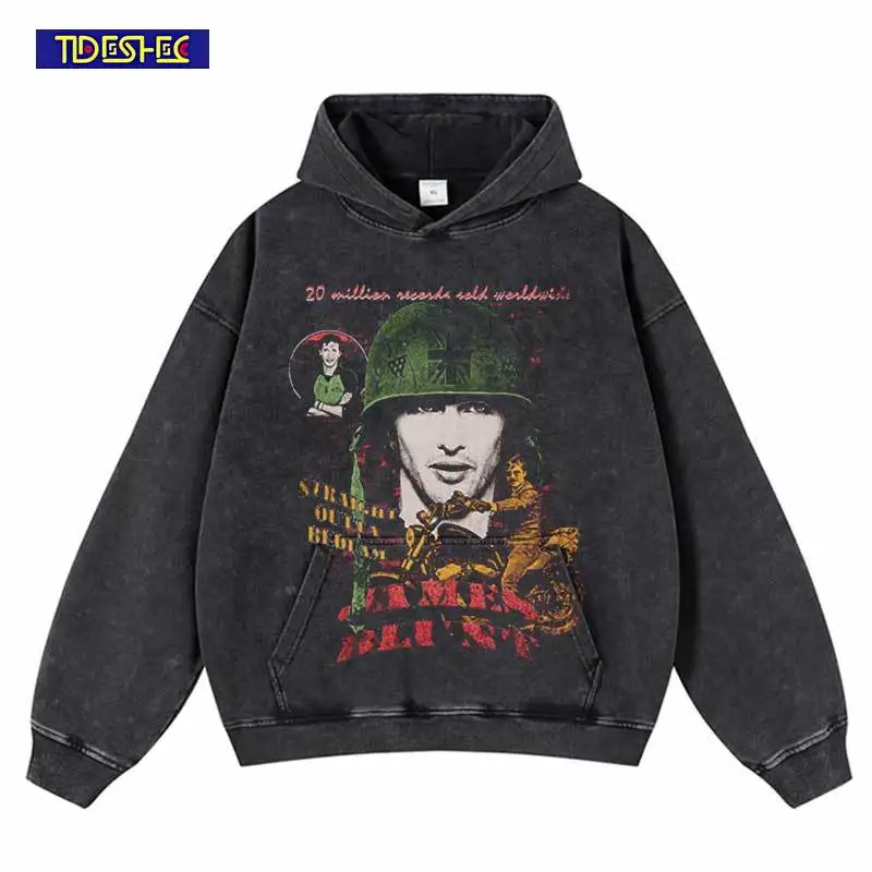 Vintage Black Hoodie Streetwear Hip Hop Helmet Boy Graphic Washed Hooded Sweatshirt 2024 Harajuku Punk Pullover 420GSM